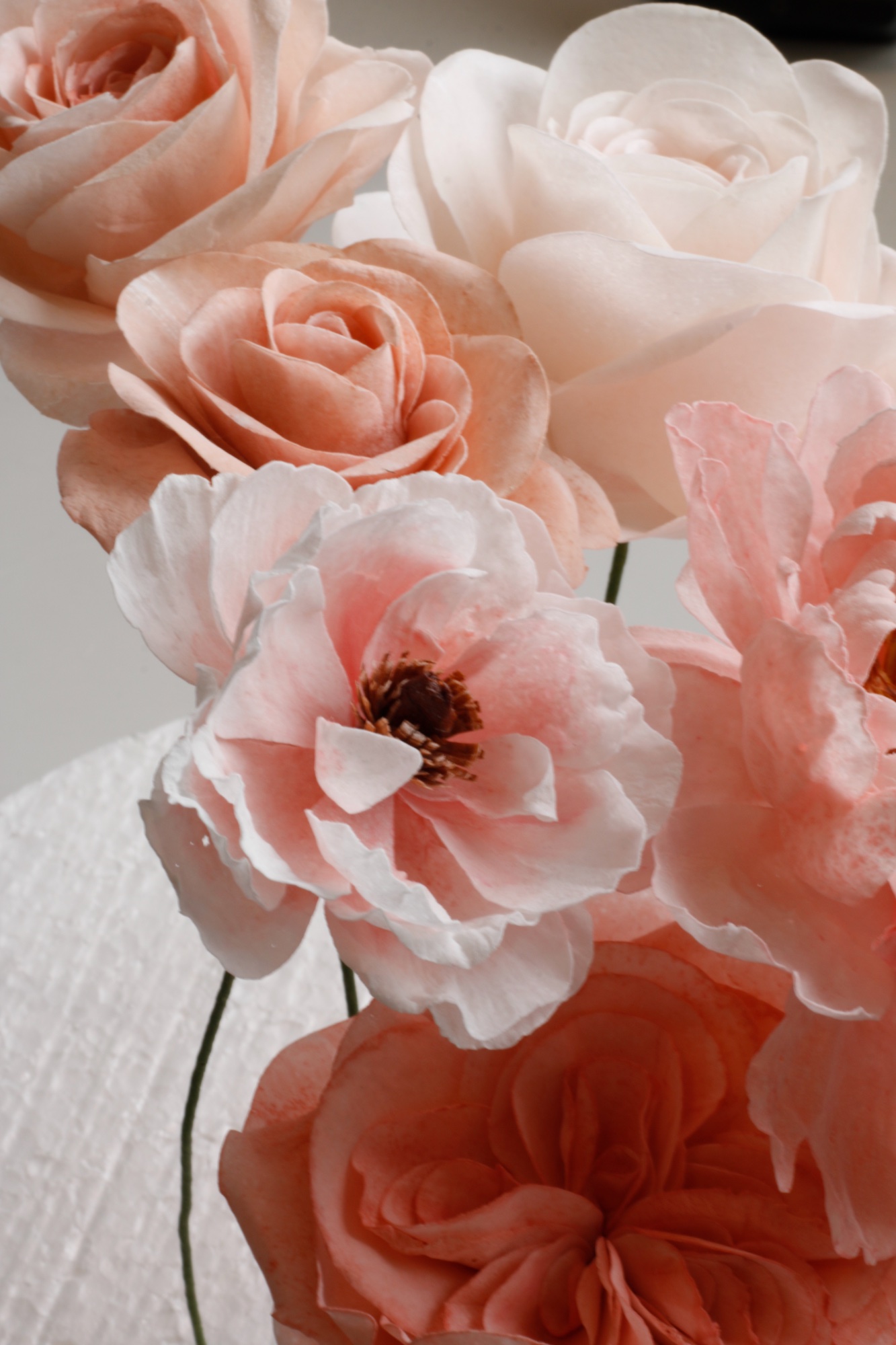 Wafer paper roses and butterfly ranunculus in blush, white and peach — hand-crafted by Mr. Cake